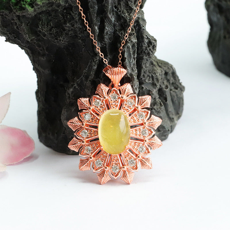 Golden Amber Snowflake Sterling Silver Necklace