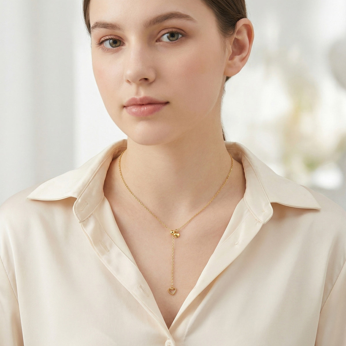 Adjustable Pull-Out Love Stainless Steel Slidable Heart-Shaped Y-Shaped Necklace