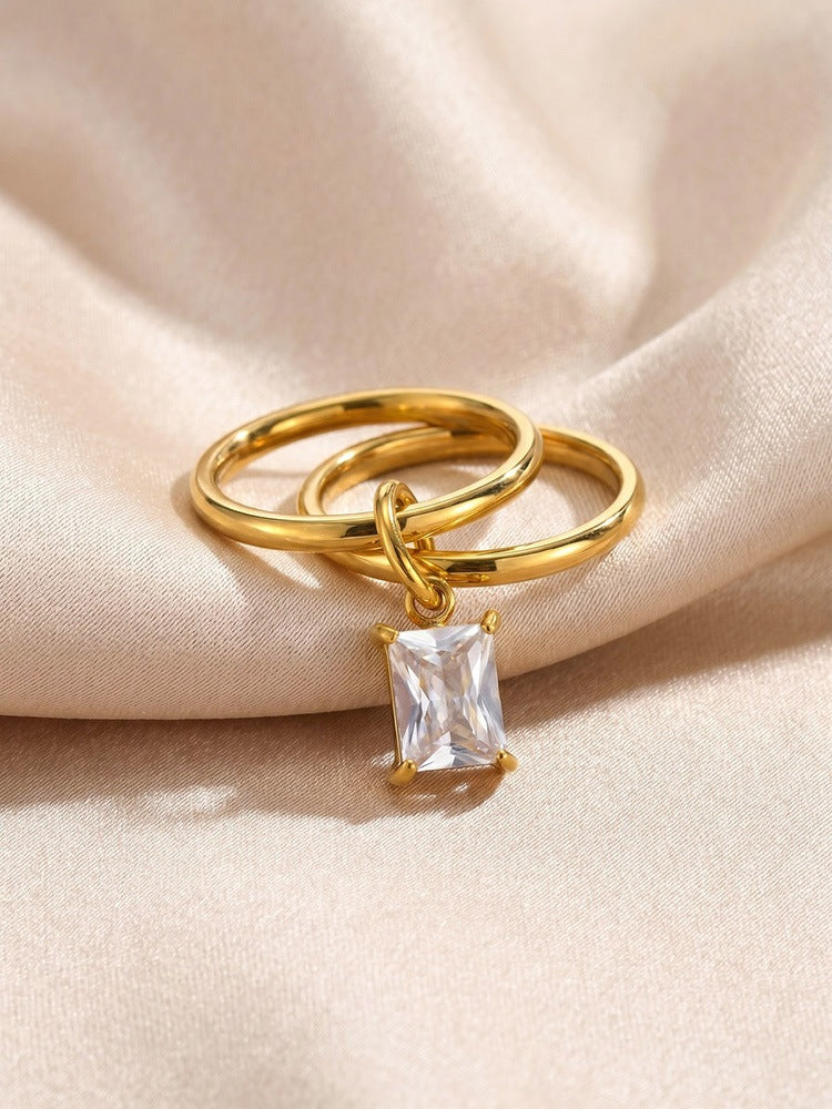 Stainless Steel Double Ring Square White Zircon