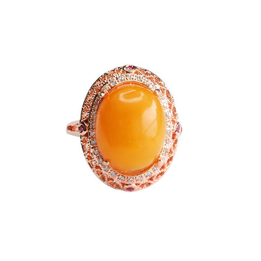 Natural Amber and Zircon Sterling Silver Ring with Halo Design