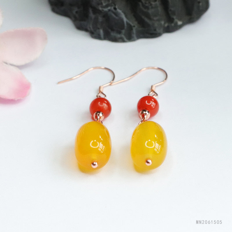 Yellow Chalcedony Barrel Bead 925 Silver Hook Earrings