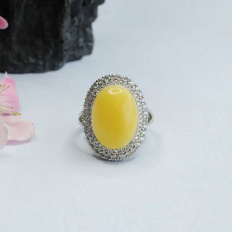 Golden Zircon Honey Wax Ring with Pigeon Egg Amber Halo