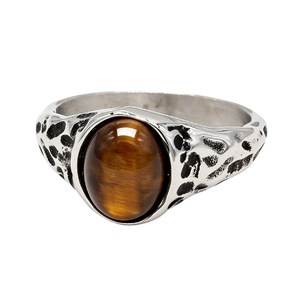 Planderful Titanium Steel Ring For Men Unisex Retro Oval Stone Statement Jewelry