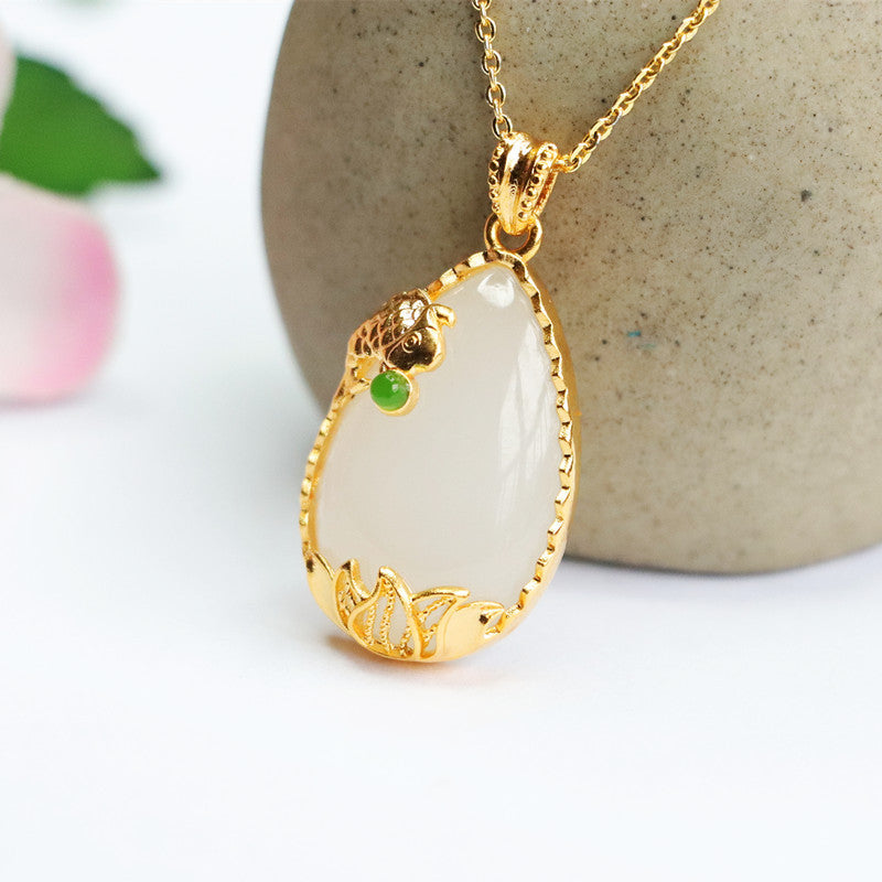 Jade Koi Necklace with Water Drop Hotan Jade Pendant