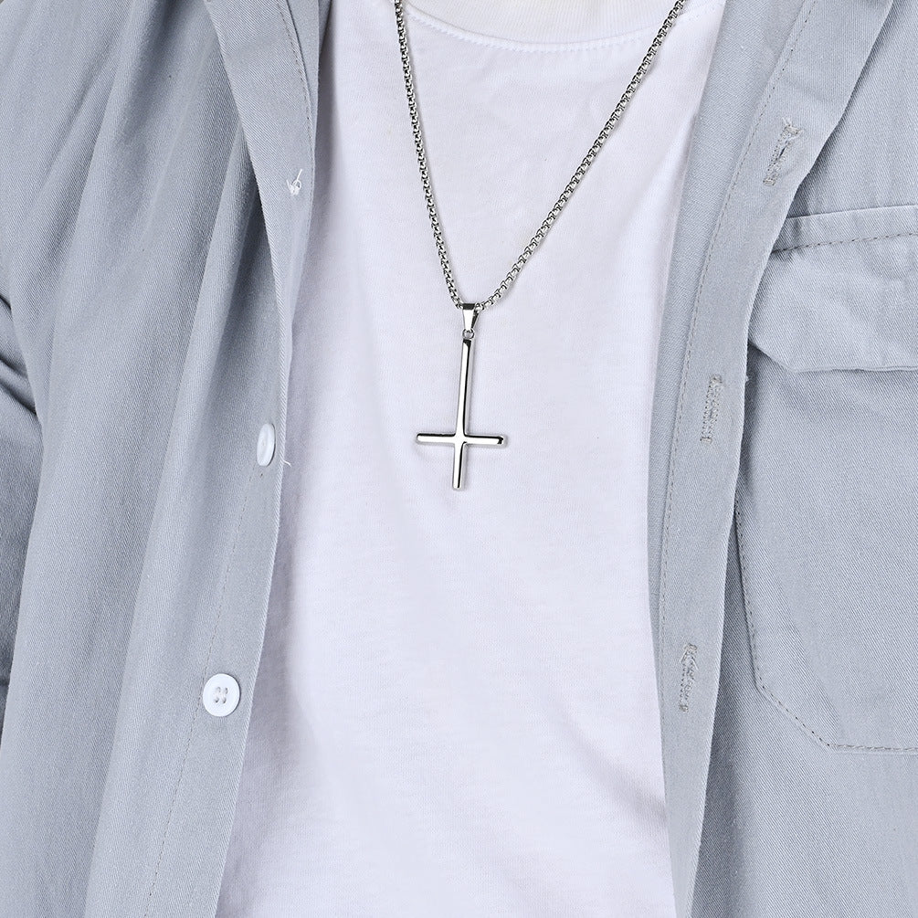 Steel Necklace - Statement Inverted Cross Pendant