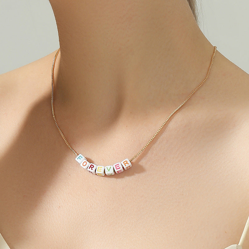 Colorful Enamel Geometric Pendant Necklace with Forever Letter Design