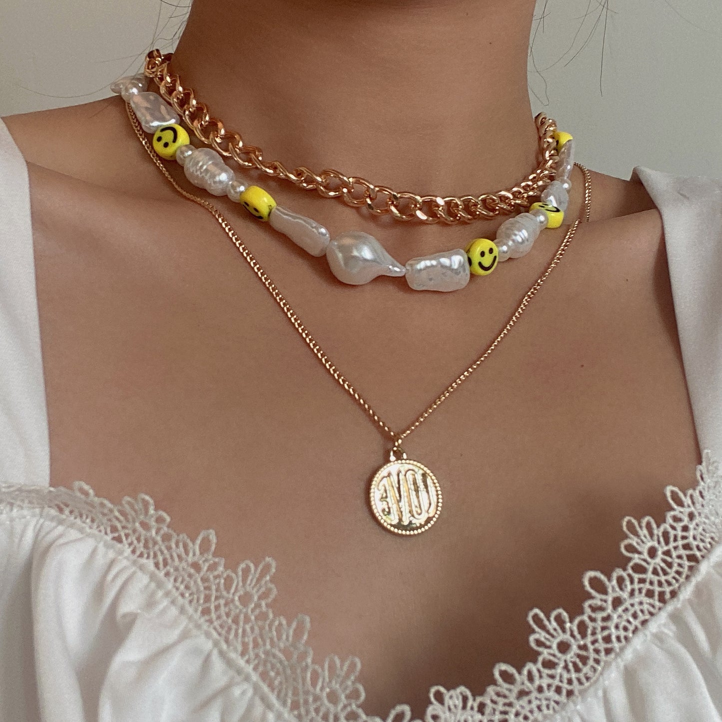 Planderful Vienna Verve Multi Layer Imitation Pearl Smile Face Statement Necklace For Women