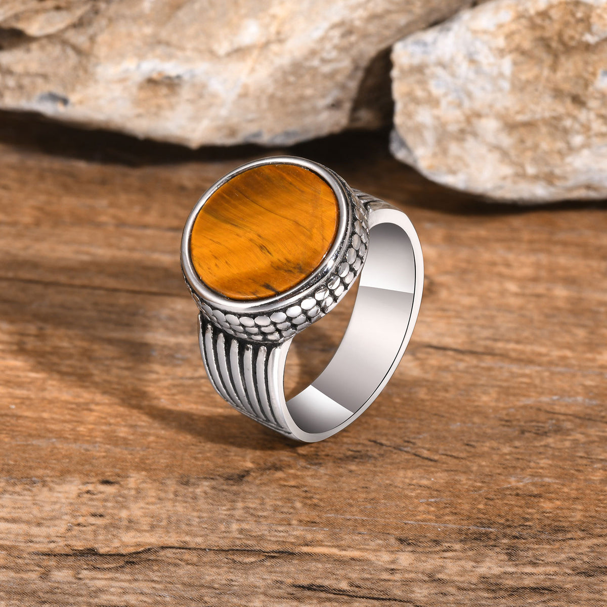 Stainless Steel Hip Hop Zircon Tiger's Eye Ring and Bracelet Men's Turquoise Wear