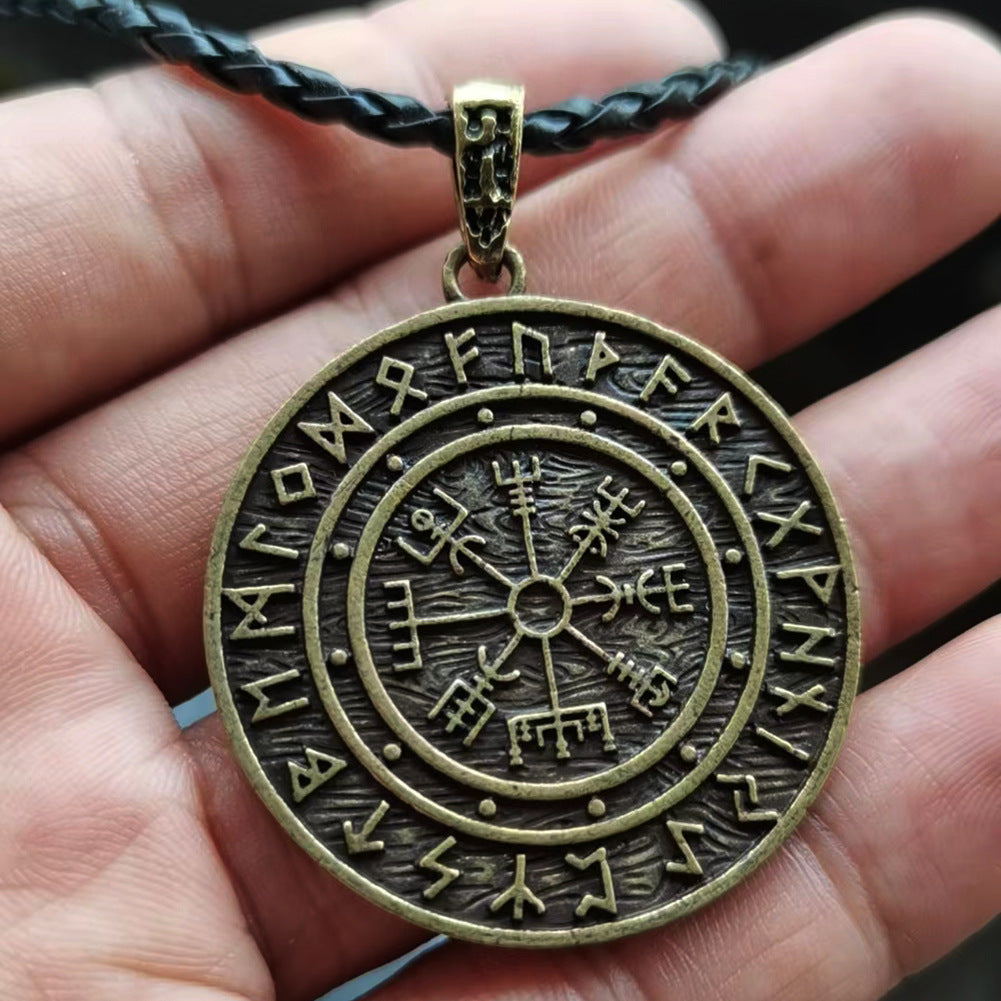 Viking Pirate Compass Necklace with Snowflake Rune Pendant - Men's European and American Style Accessory