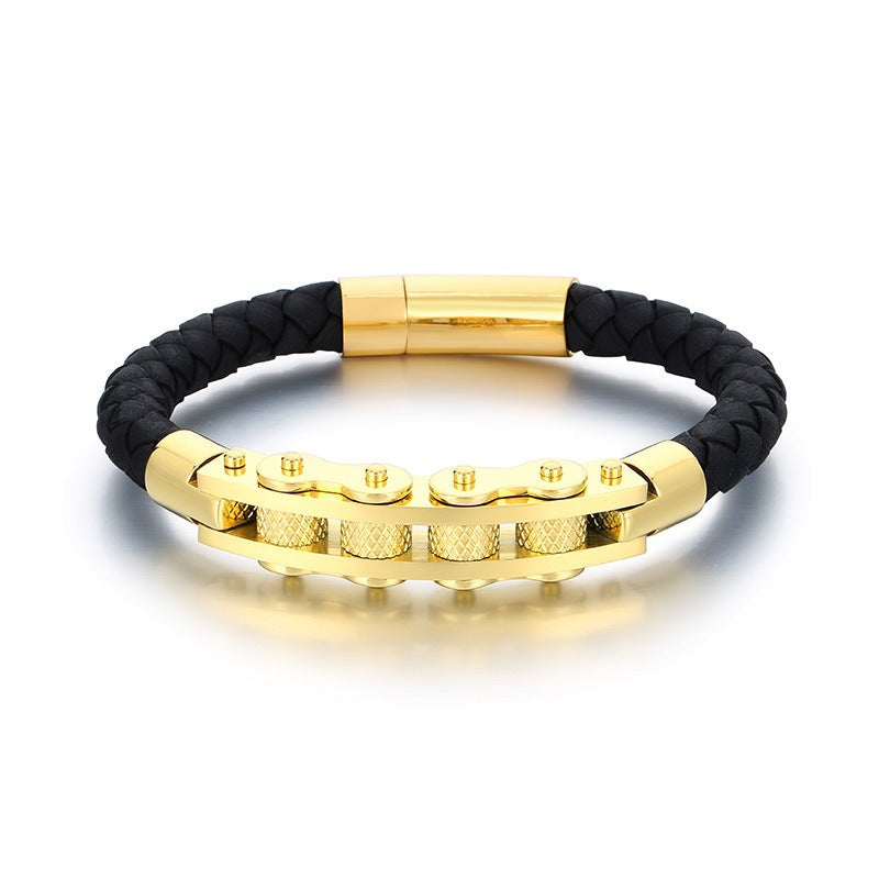 Business Style Strap Chain Woven Leather Rope Bracelet – Stainless Steel Bicycle Chain