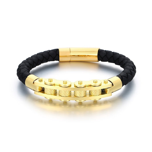 Business Style Strap Chain Woven Leather Rope Bracelet – Stainless Steel Bicycle Chain