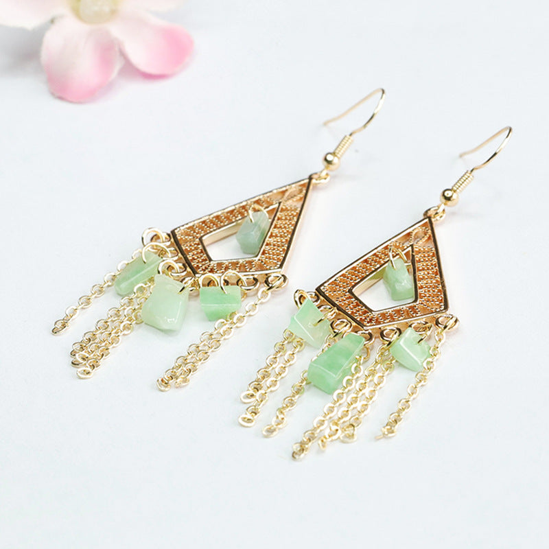 Geometric Irregular Tassel Sterling Silver Jade Earrings