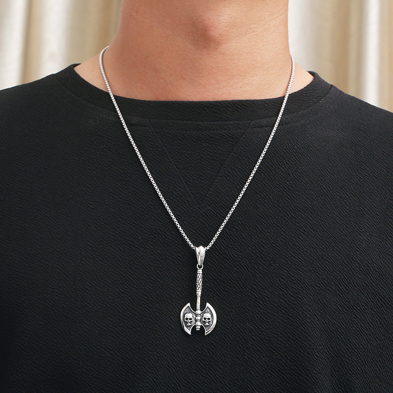 Punk Style Skull Pendant with Axe - Retro Titanium Steel Pendant for Men