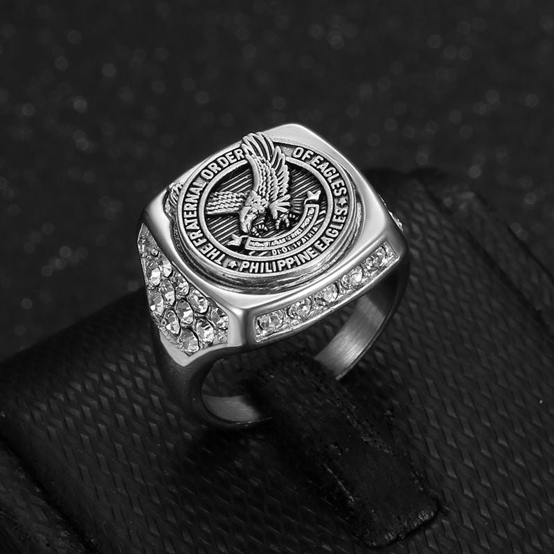 Planderful Everyday Genie Titanium Steel Gold Plated Rhinestone Philippine Eagle Unisex Ring