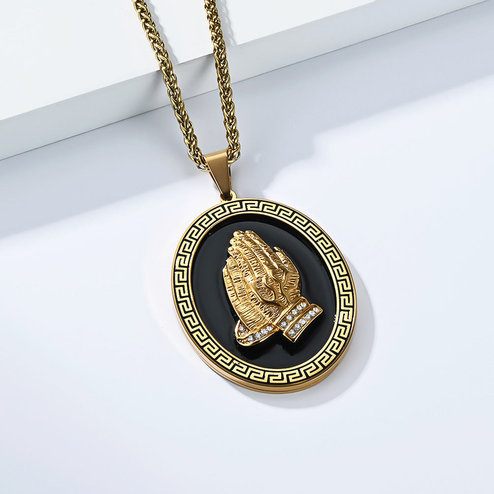 Planderful Prayer Hand Titanium Steel Pendant Unisex Necklace Protection Statement Hip Hop Street Style