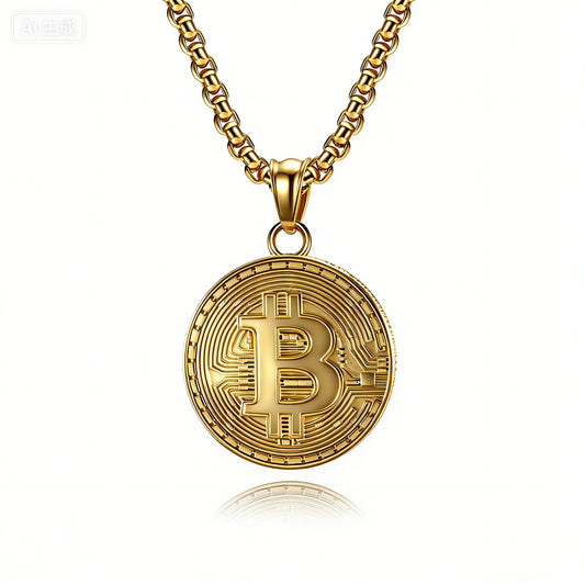 Planderful Bitcoin Pendant Necklace Titanium Steel Gold Plated For Crypto Fans And Hip Hop Fashion
