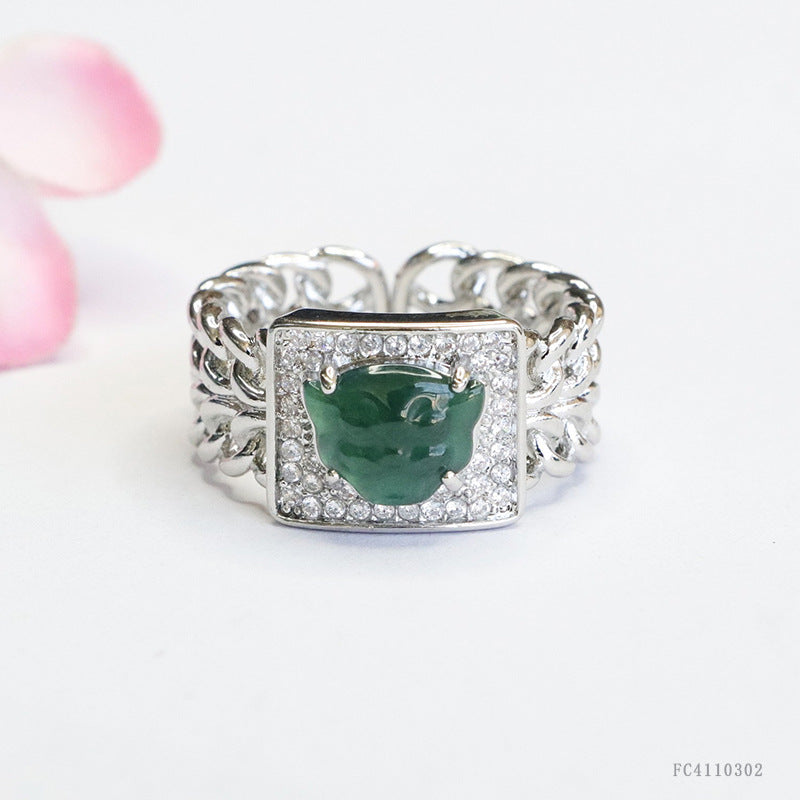 Blue-Water Jadeite Tiger Head Ring