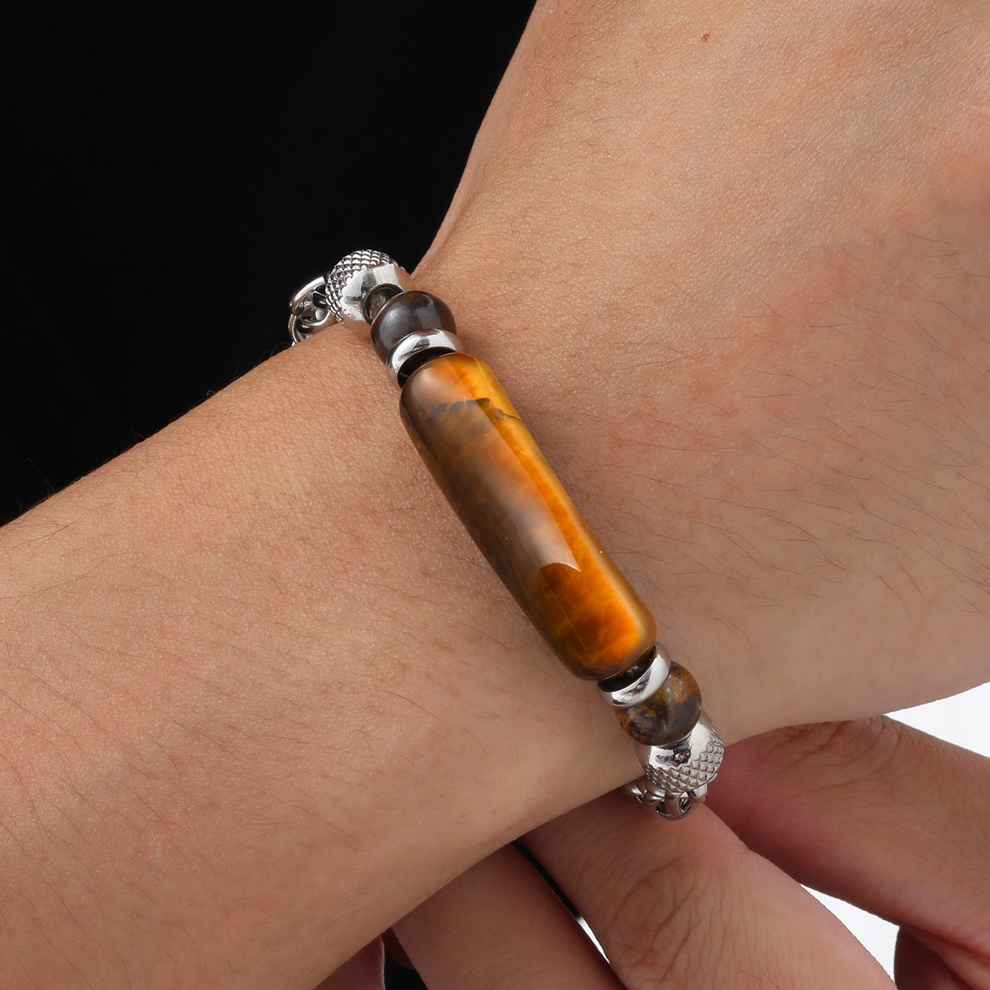 Stainless Steel Flower Basket Chain Black Agate Tiger's Eye Beaded Bracelet for Men