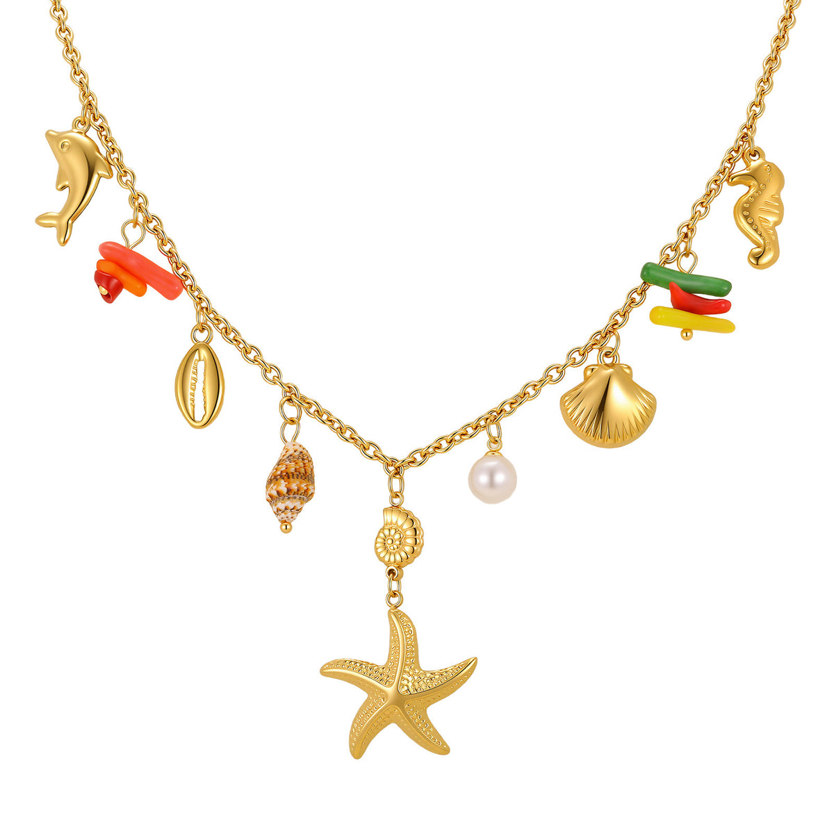 Summer Ocean Wind Dopamine Ladies Stainless Steel Conch Starfish Shell Imitation Pearl Necklace