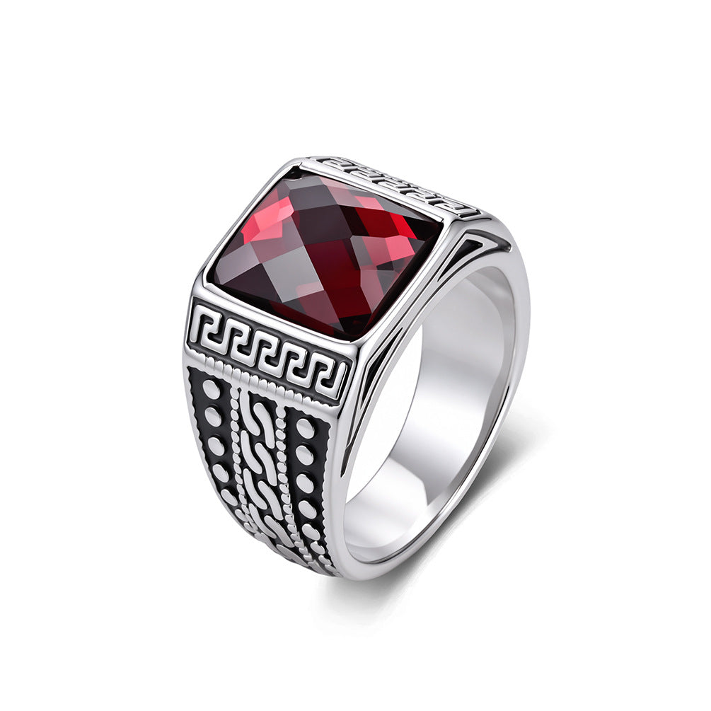 Textured Engraved Stainless Steel Multi-Color Gemstone Ring Men's Stainless Steel Seal