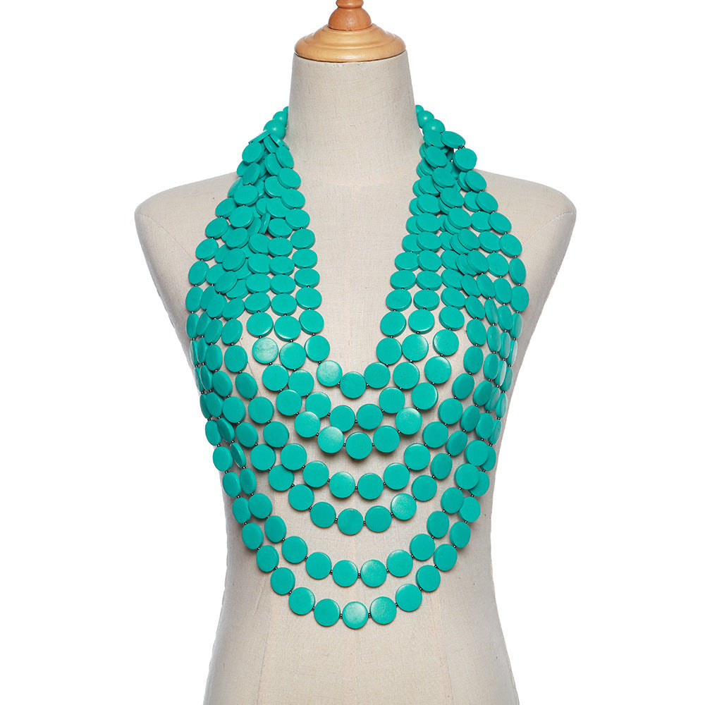 European and American Long Wooden Chip Necklace with Tassel Sweater Chains