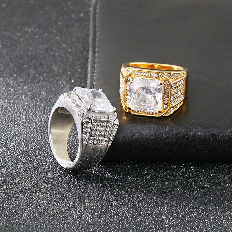 Planderful Luxury Zircon Ring for Men Gold Plated Titanium