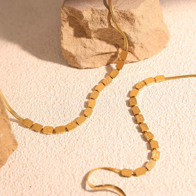 Retro Love Block Chain Necklace with Gold Plating