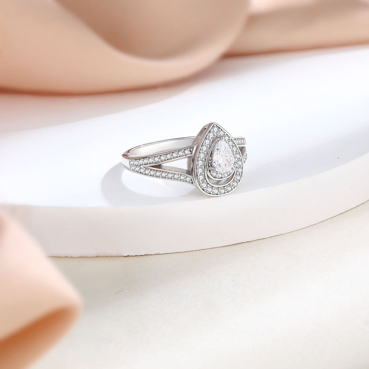 Water Drop Halo Pear Shape Zircon Modern Split Shank Sterling Silver Ring