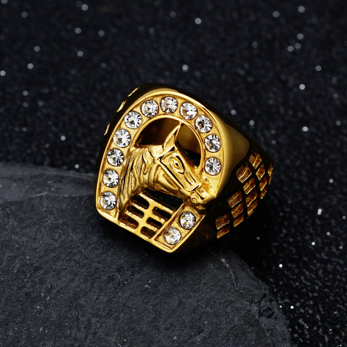 Planderful Titanium Hip Hop Ring Men Horsehead Gold Zircon