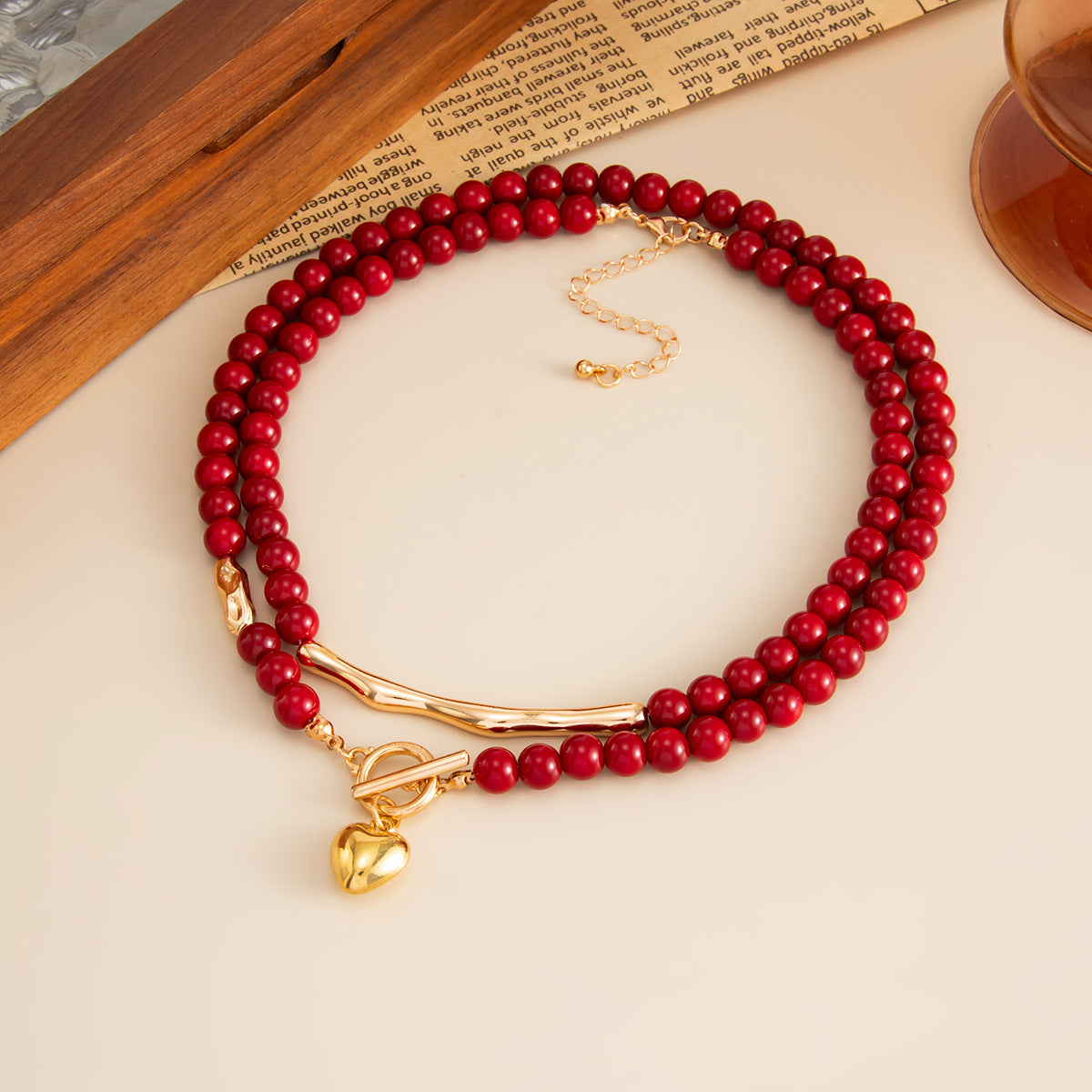 Red Beaded Ot Buckle Love Pendant Necklace Liquid Metal Rod Necklace