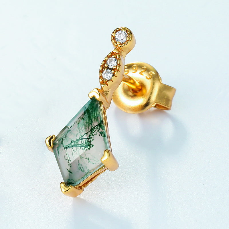 S925 Sterling Silver Moss Agate Minimalist Stud Earrings