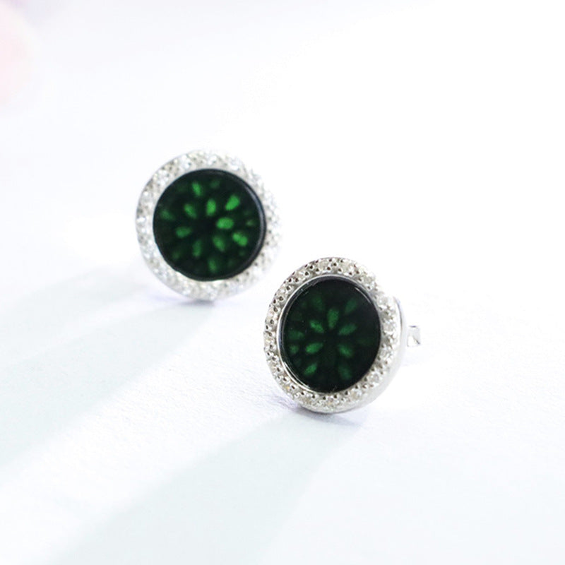 Dark Jadeite Peace Plaque 925 Silver Stud Earrings