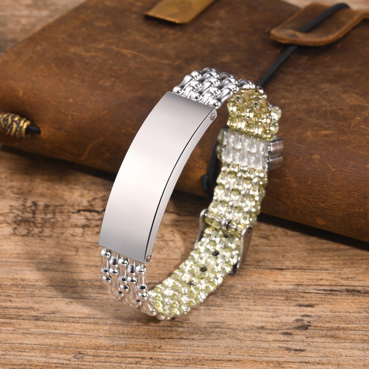 Jewelry Stainless Steel Curved Brand Black PVC Strap Bracelet Universal for Men and Women