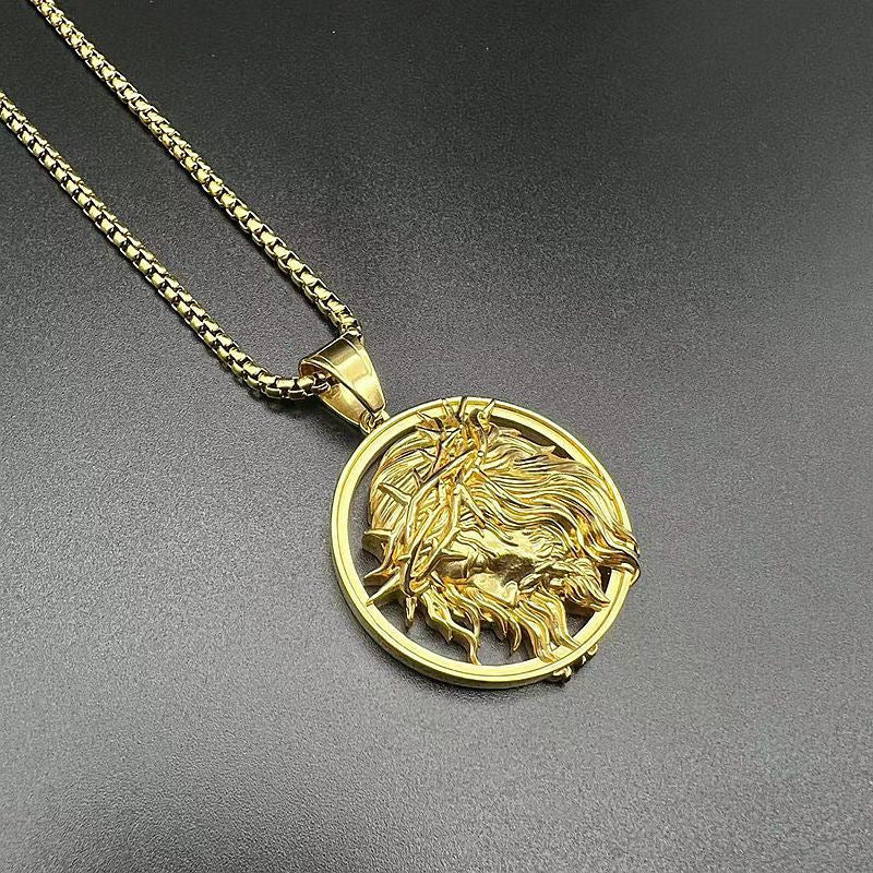 Planderful Unisex Stainless Steel Necklace 3D Relief Western Mythology Pendant Gold Plated Retro Hip Hop Jewelry