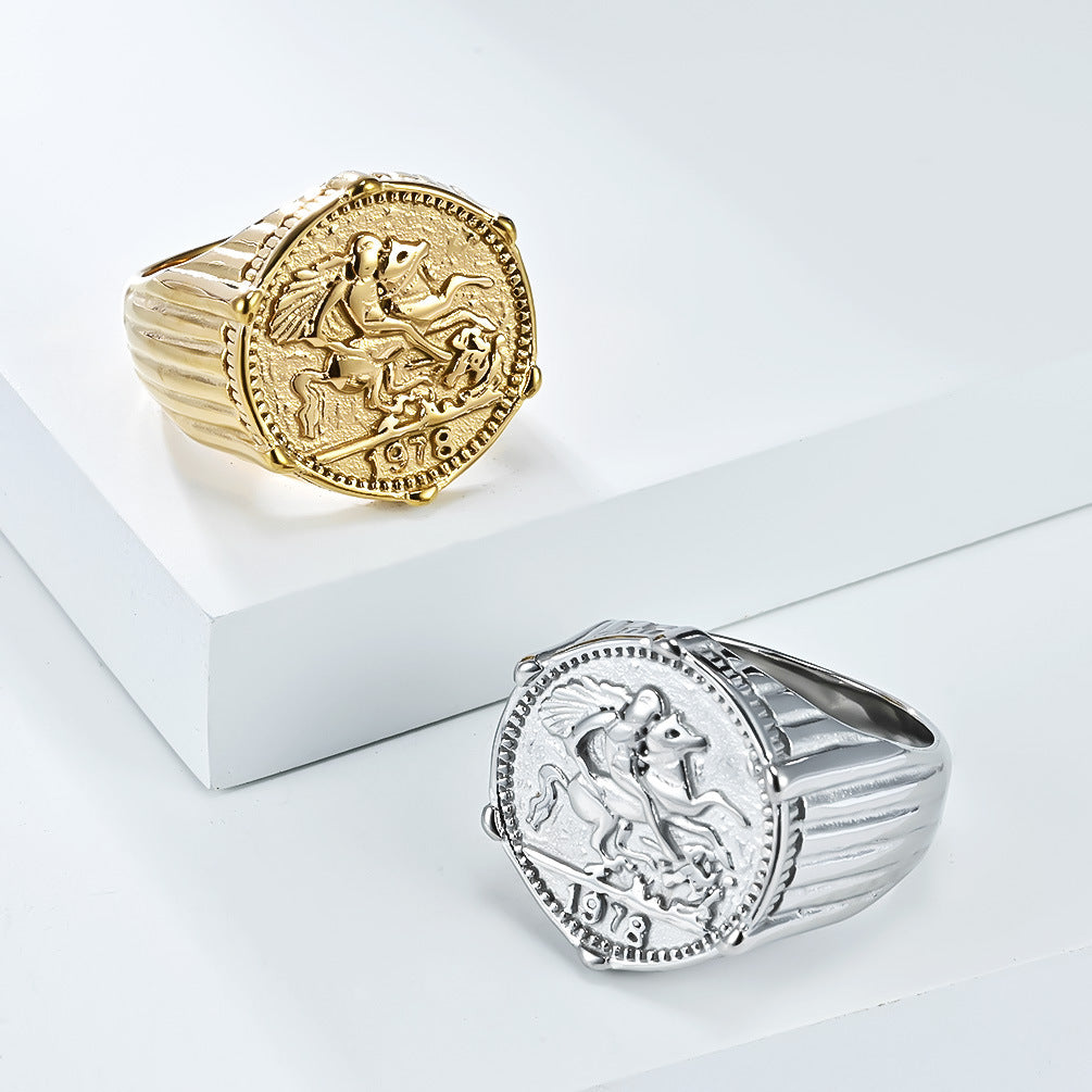 Planderful Hip Hop Knight Ring Stainless Steel Gold Plated For Men Durable Retro Style Jewelry