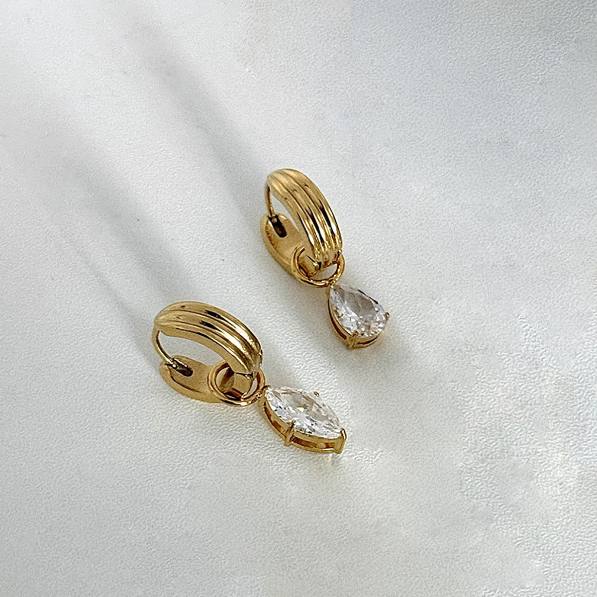 Planderful Gold Water Drop Zircon Vertical Texture Stainless Steel Statement Stud Earrings For Fashion Forward Women