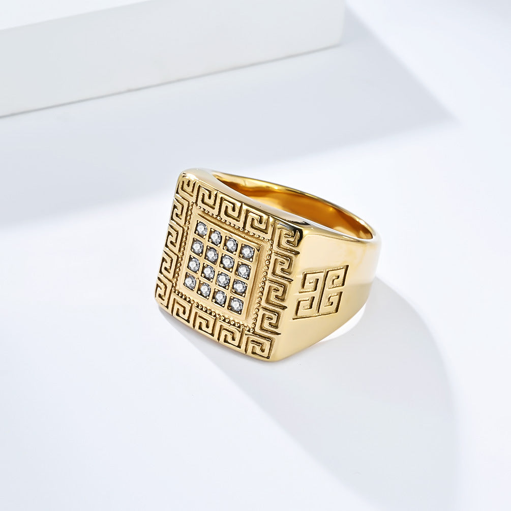 Men's Titanium Steel Ring With Zircon Inlay And Great Wall Pattern High End Planderful
