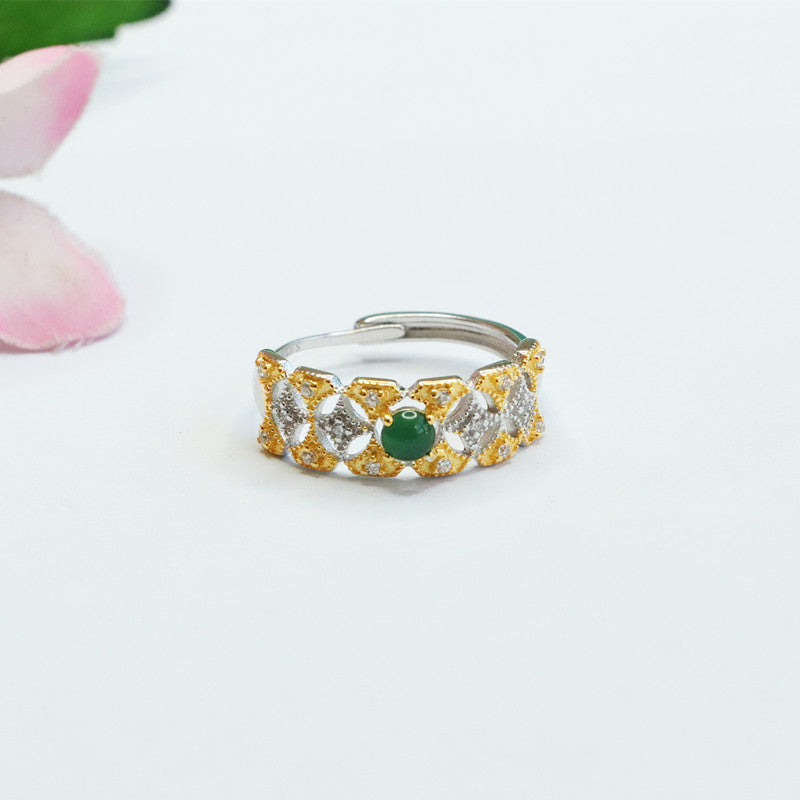 Icy Green Jadeite Openwork Star 925 Silver Ring
