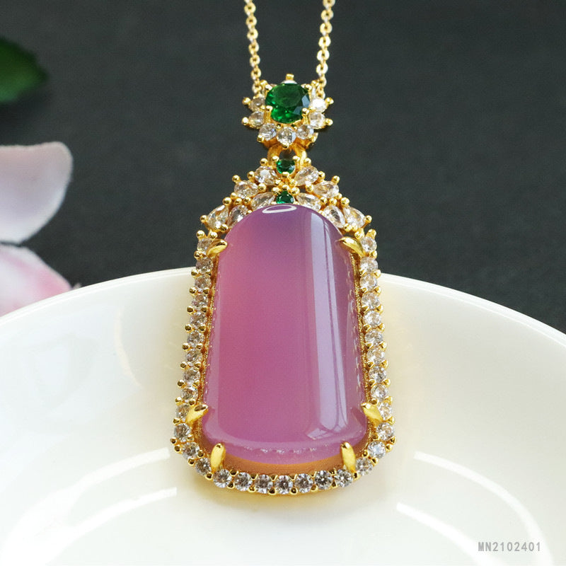 Pink Chalcedony Trapezoid Peace Plaque Pendant — No Chain