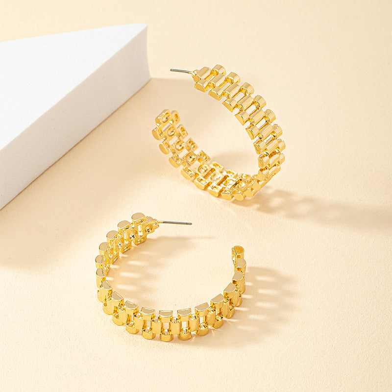 Dazzling Vienna Verve Metal C-Shaped Earrings with Watch Chain Accent