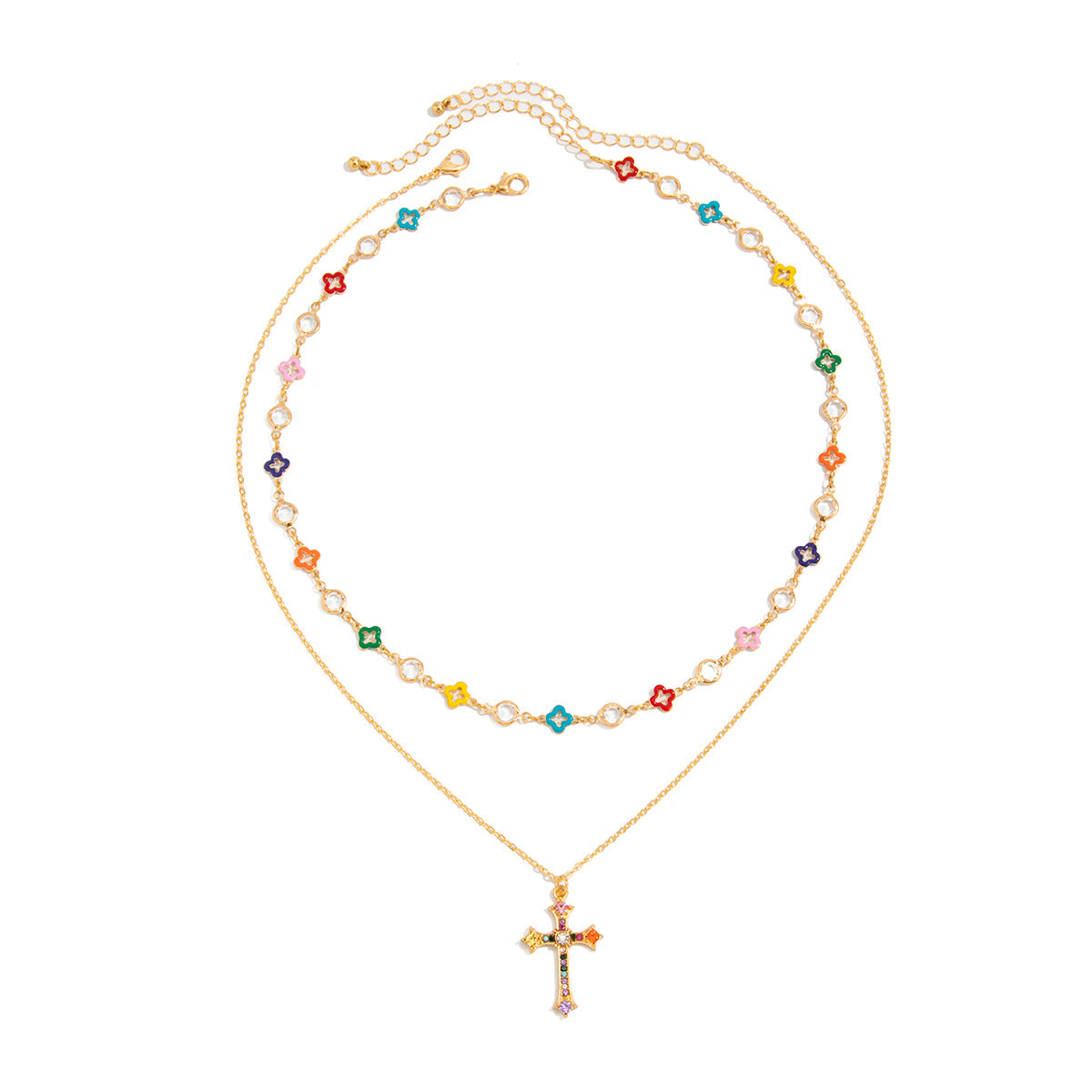 Colorful Floral Cross Layered Necklace