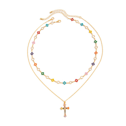 Colorful Floral Cross Layered Necklace