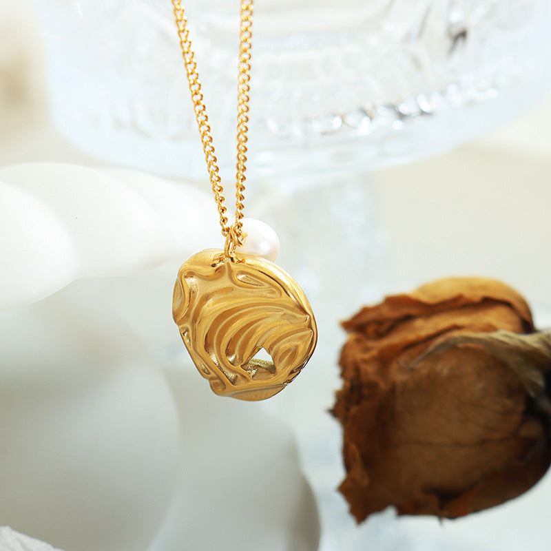 Gilded Titanium Steel Necklace with Irregular Freshwater Pearl Pendant