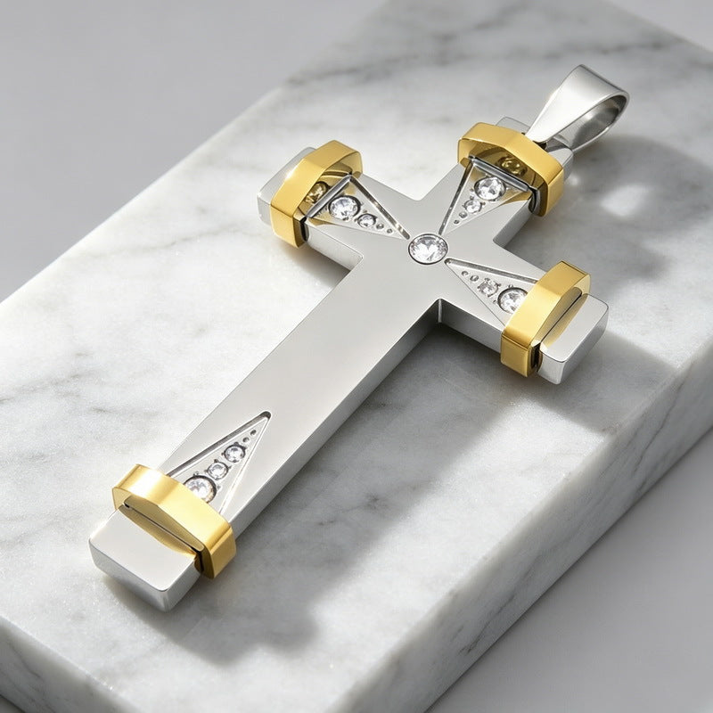 Hip Hop Triangle Array Zircon Cross Pendant Stainless Steel Men's Cross Pendant Necklace