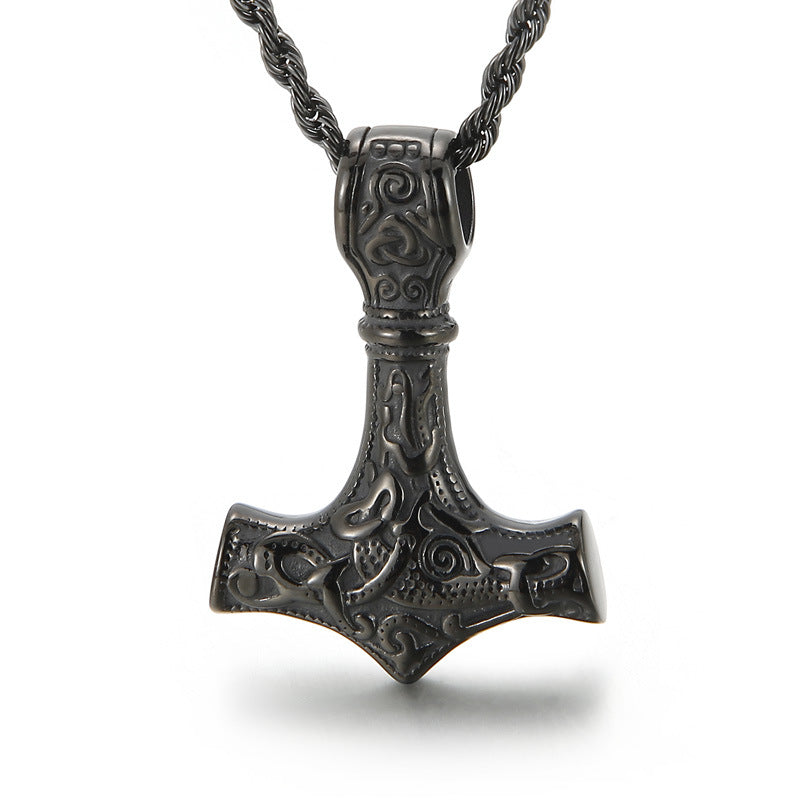 Men's Vintage Thor's Hammer Skull Necklace, Customizable Titanium Steel Pendant, Various Designs Available for Men