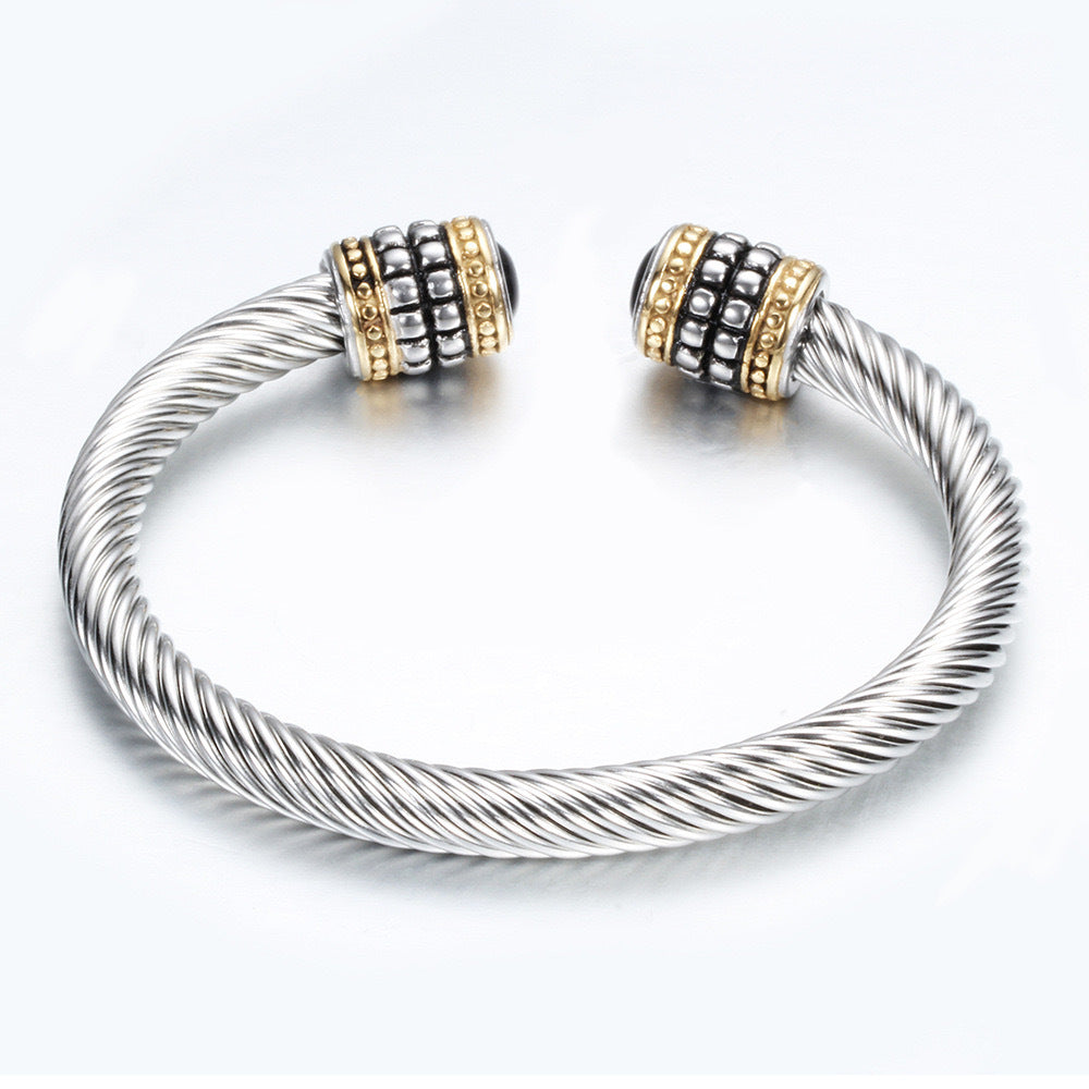 Planderful Everyday Genie Unisex Timeless Two Tone Stainless Steel Bracelet With Twisted Wire Zircon Inlays