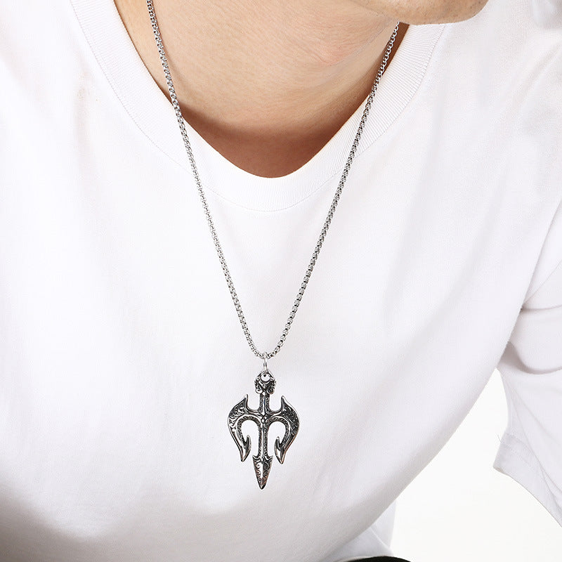 Poseidon Three-Pronged Dry Pendant, Retro Magic Mandela Grass Sword Titanium Steel Men's Pendant Necklace