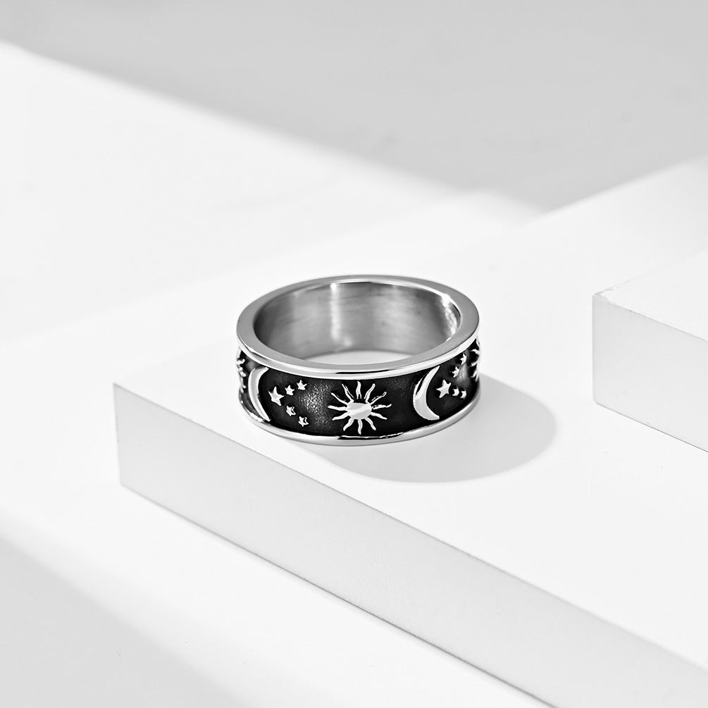 European and American Bohemian Sun Moon Stainless Steel Ring