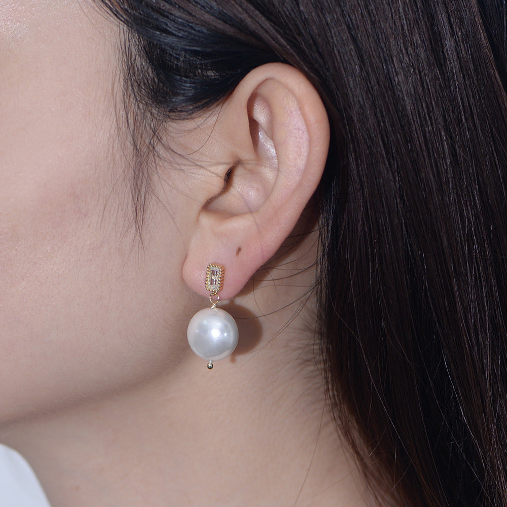 Vintage Round Shell Pearl Emerald Cut Zircon Sterling Silver Drop Earrings