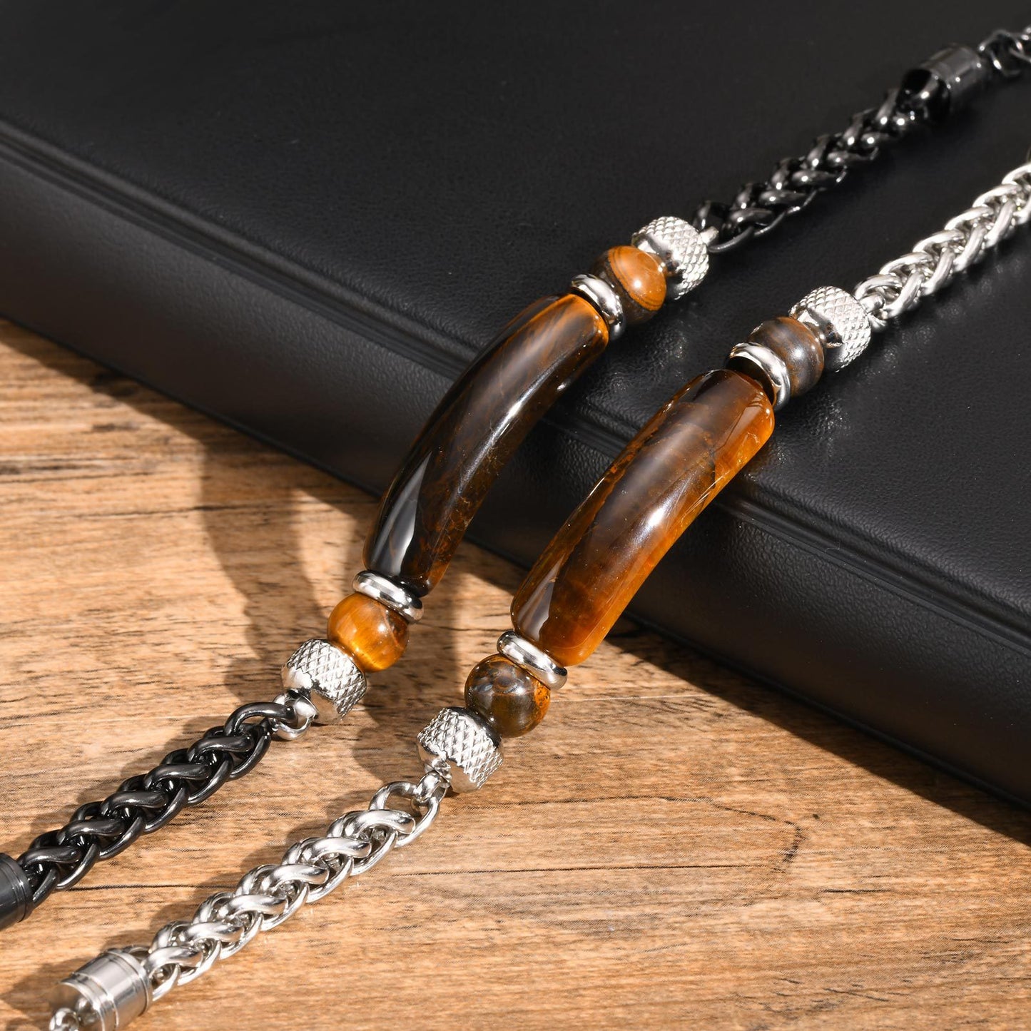 Stainless Steel Flower Basket Chain Black Agate Tiger's Eye Beaded Bracelet for Men